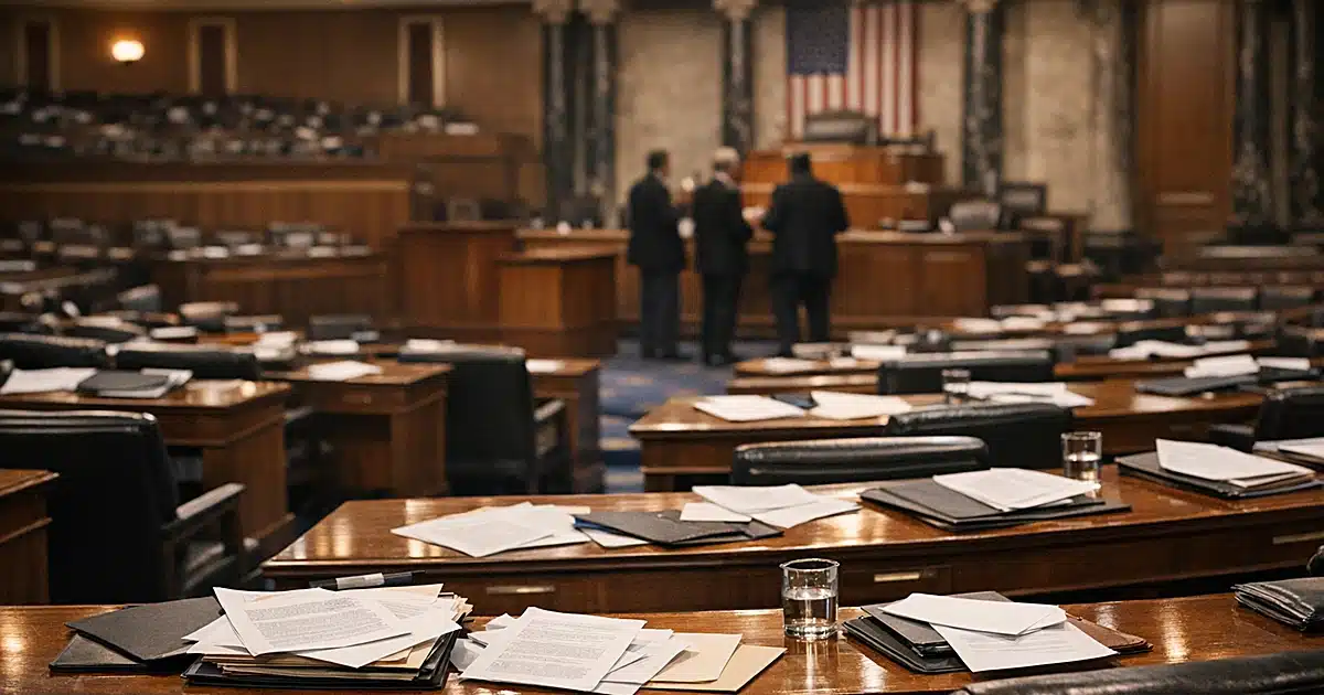 Empty congressional chamber with scattered papers on desks suggesting recent legislative activity