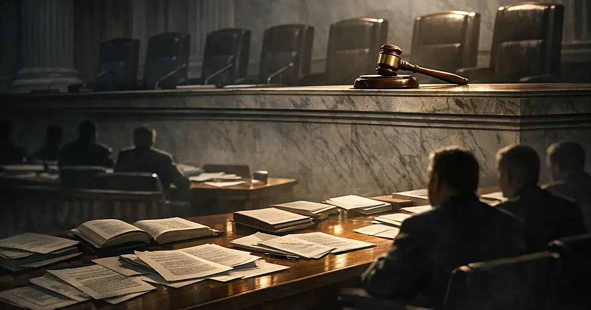 Supreme Court bench elevated above a legislative table covered with documents, showing judicial to congressional transition
