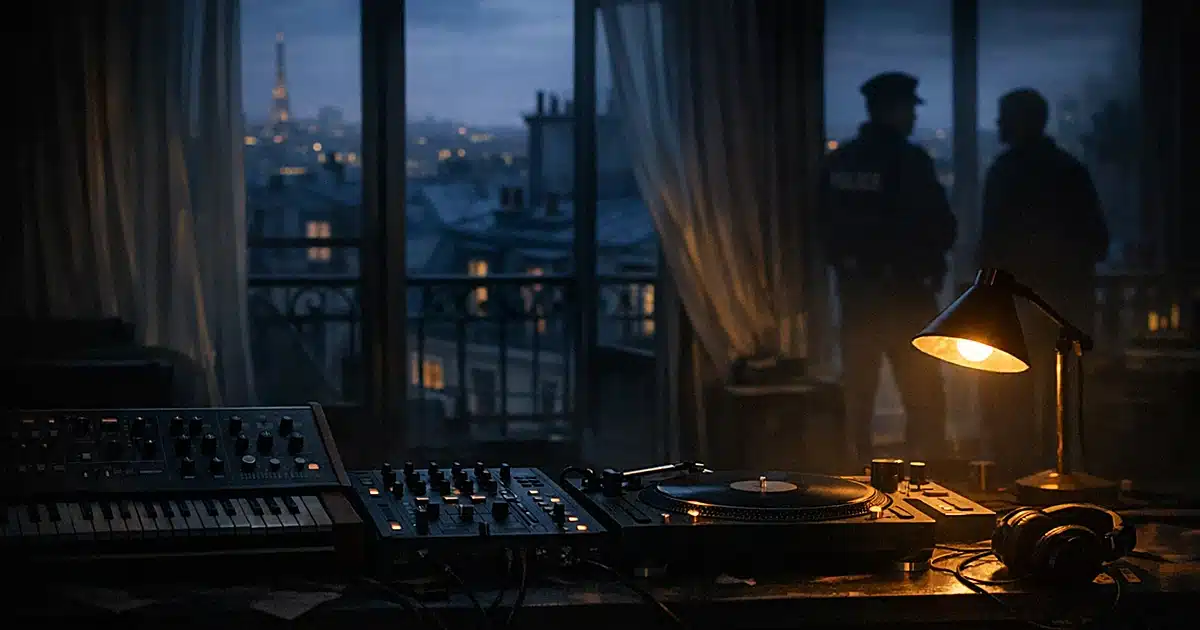 Silhouetted music production equipment in a dim Paris apartment with city skyline visible through windows at dusk