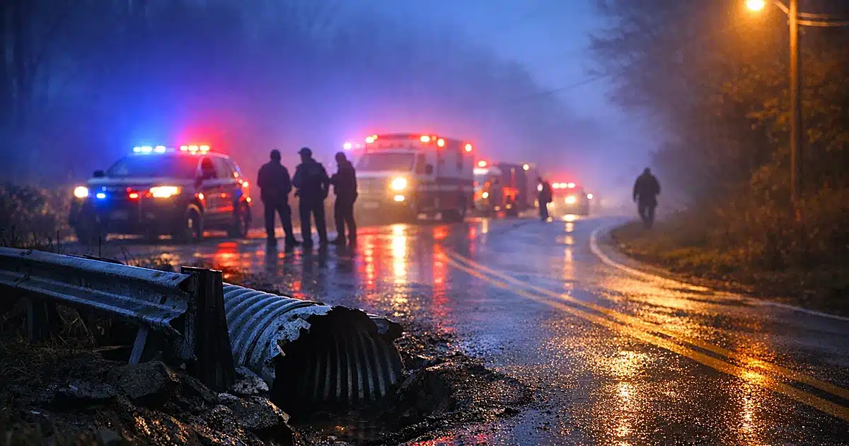 Dark rural highway at dawn with damaged roadside culvert and distant emergency vehicle lights in fog