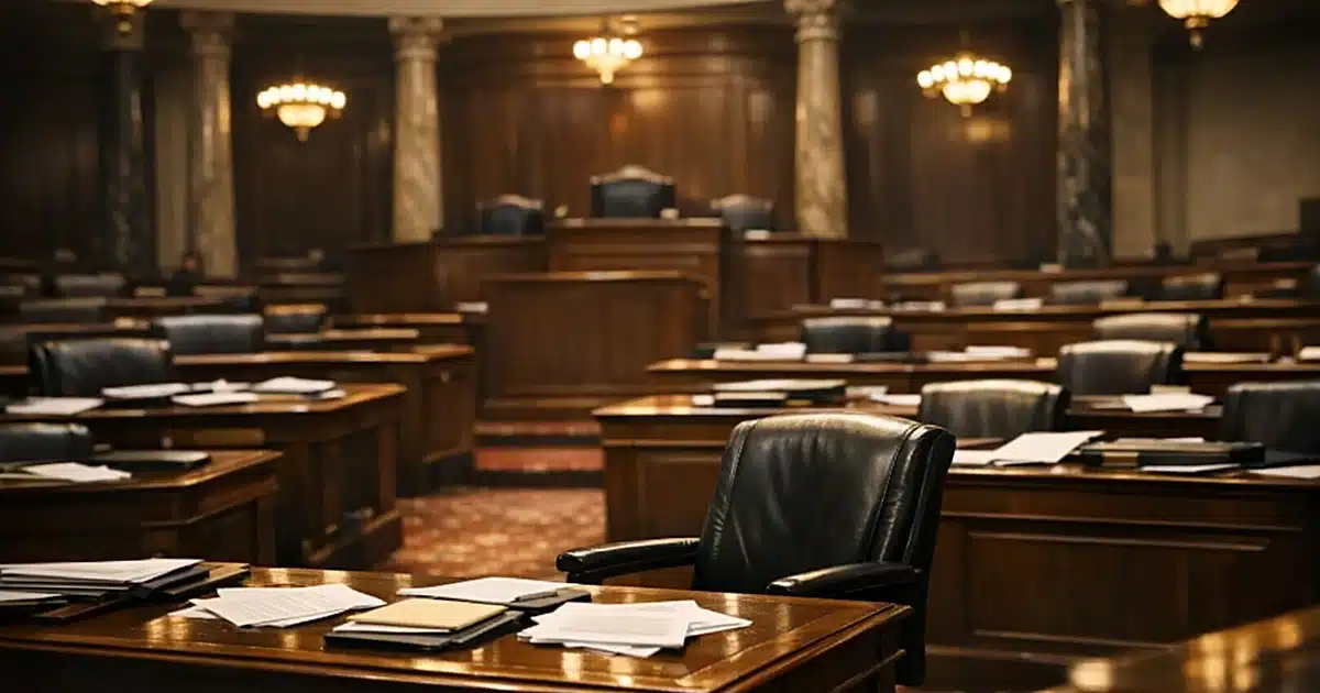 Empty Senate chamber with scattered papers on desks and a pushed-back leather chair suggesting recent absence