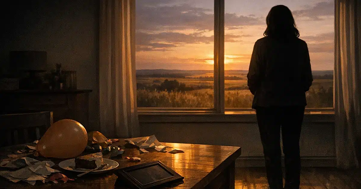 Silhouette of person at window with overturned family photo and birthday party remnants on table in dim room