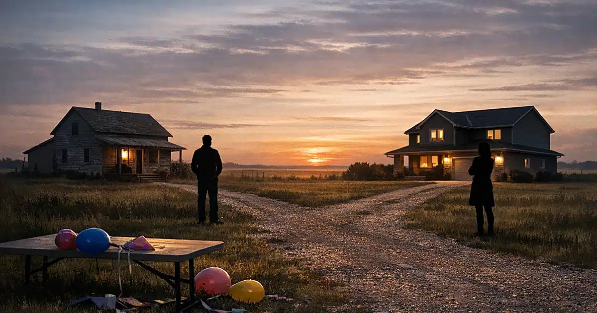Two ranch houses side by side on prairie with birthday party remnants and separated silhouettes at dusk