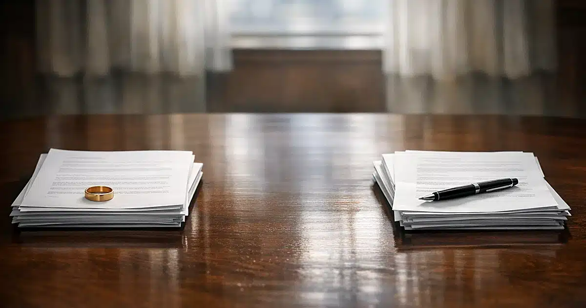 Legal documents separated on opposite ends of conference table with wedding ring and pen, representing divorce settlement
