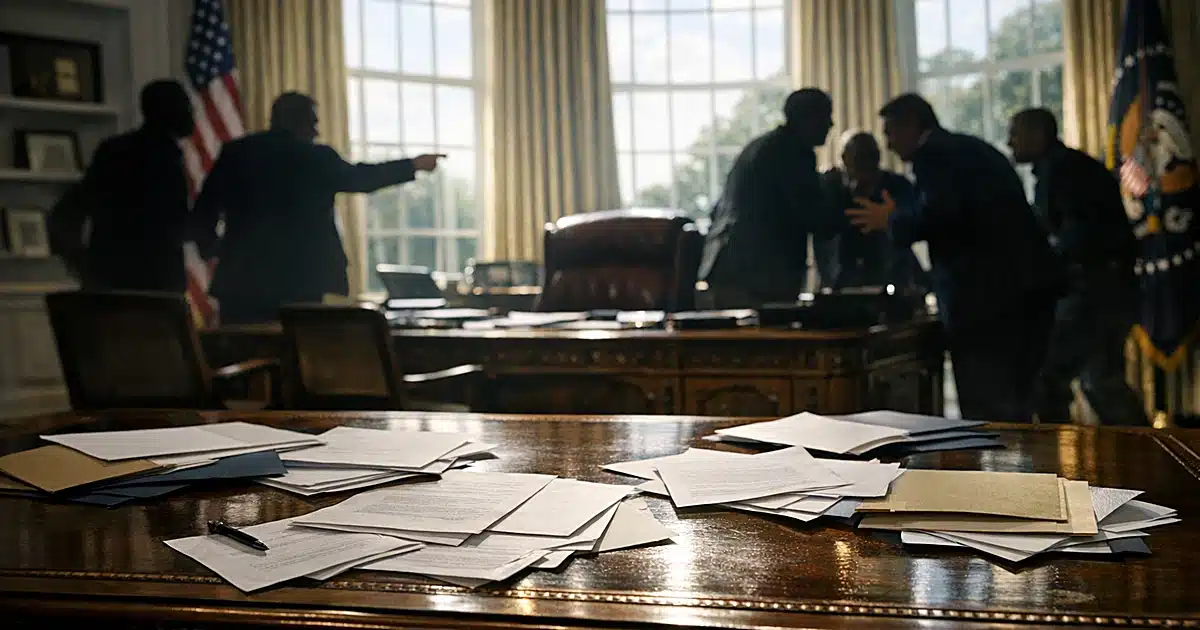 Oval Office desk with scattered documents after contentious policy meeting