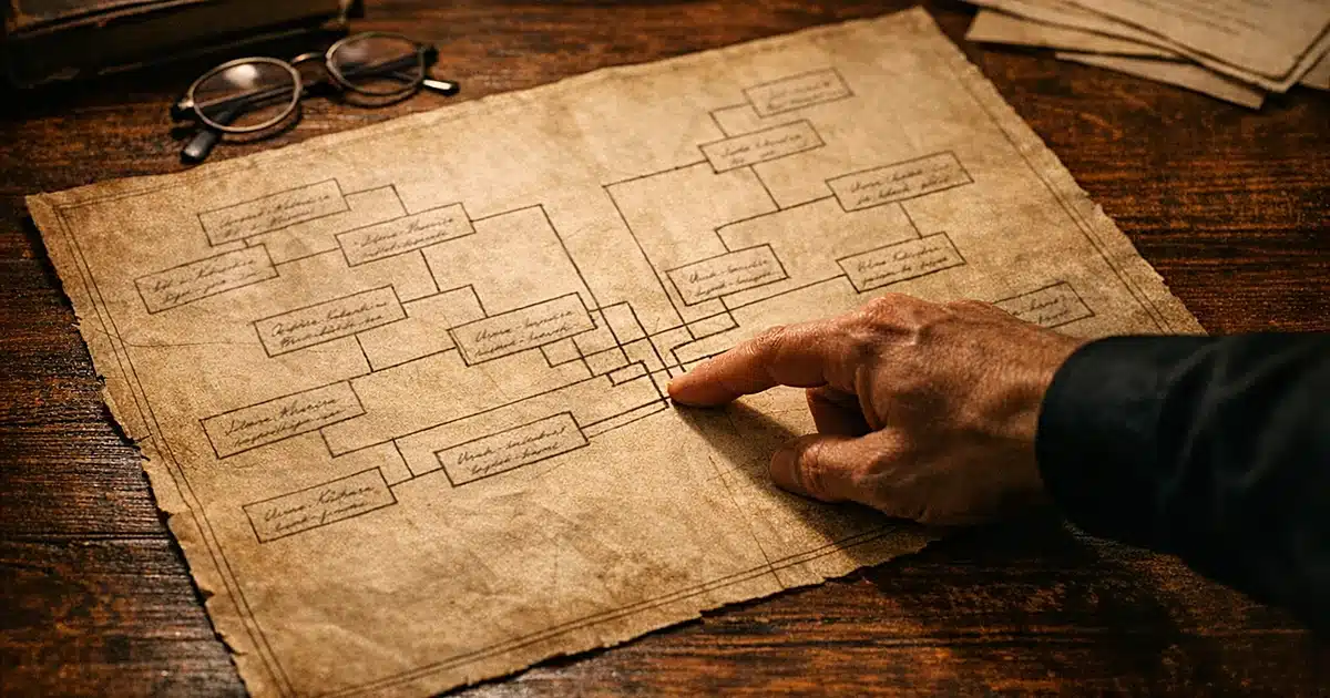Silhouetted hand pointing to family tree genealogy chart on wooden table in dim library lighting