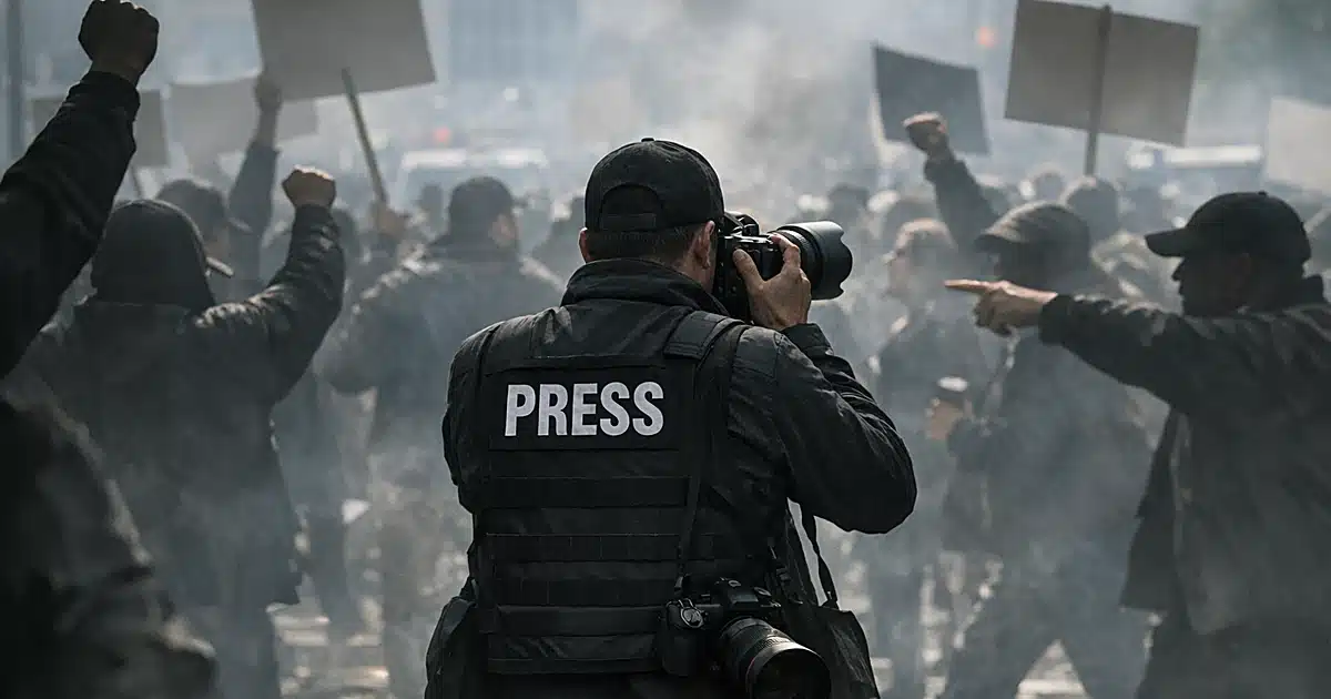 Journalist with camera surrounded by aggressive protesters with raised arms at street demonstration
