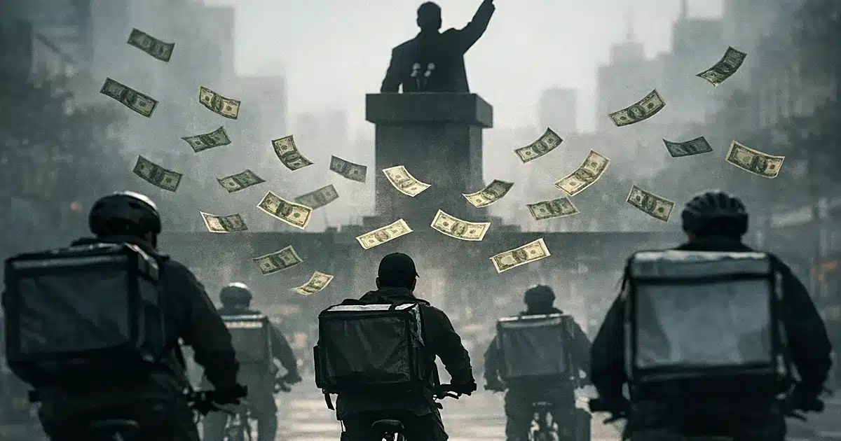 Silhouetted politician at podium with arm raised while delivery cyclists ride away as money floats between them