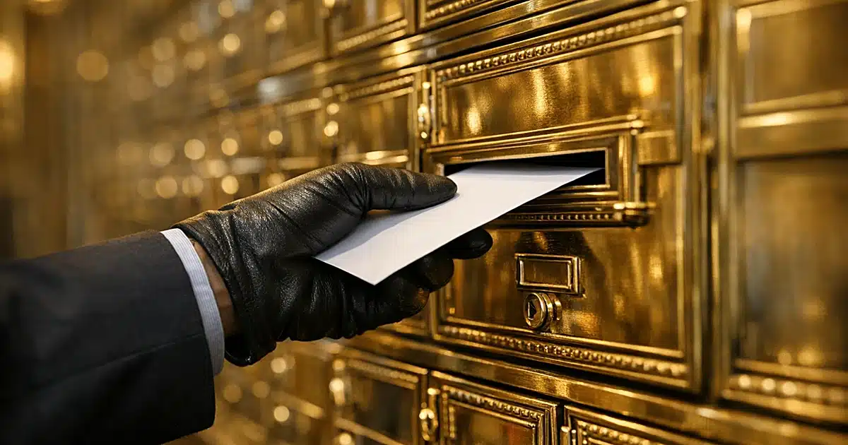 Hand delivering official notice envelope into luxury apartment building mailbox wall
