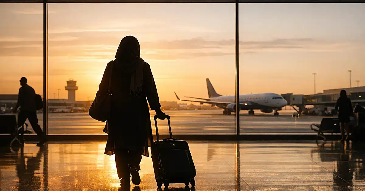 Silhouetted traveler with luggage walking through airport terminal toward departing aircraft at sunset