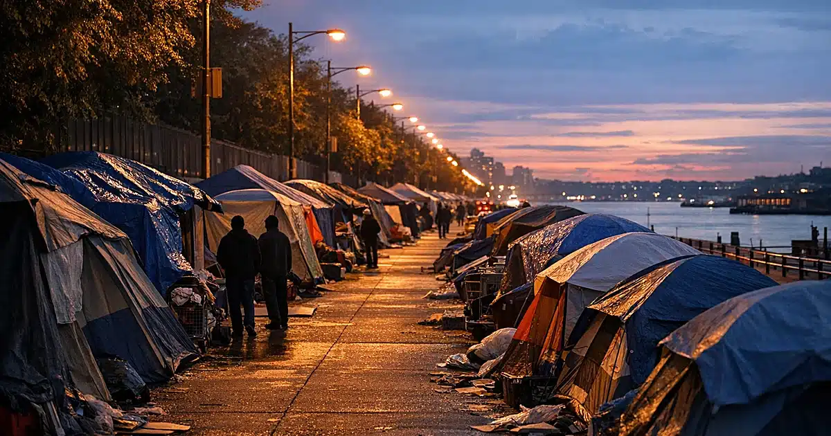 Long urban sidewalk lined with tents and makeshift shelters extending into distance at dusk near Manhattan waterfront