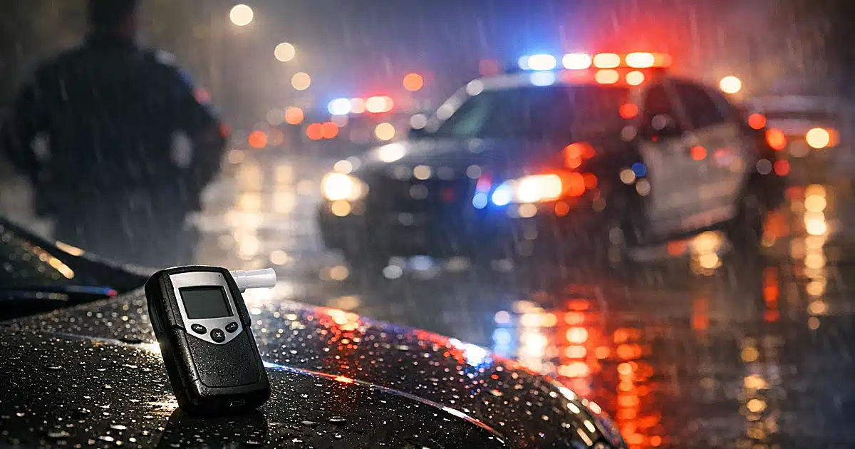 Breathalyzer device on car hood with police lights reflecting on wet road at night
