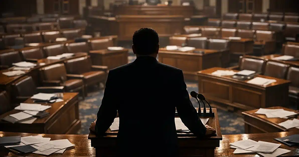 Silhouetted figure at podium facing empty congressional chamber with scattered papers on desks