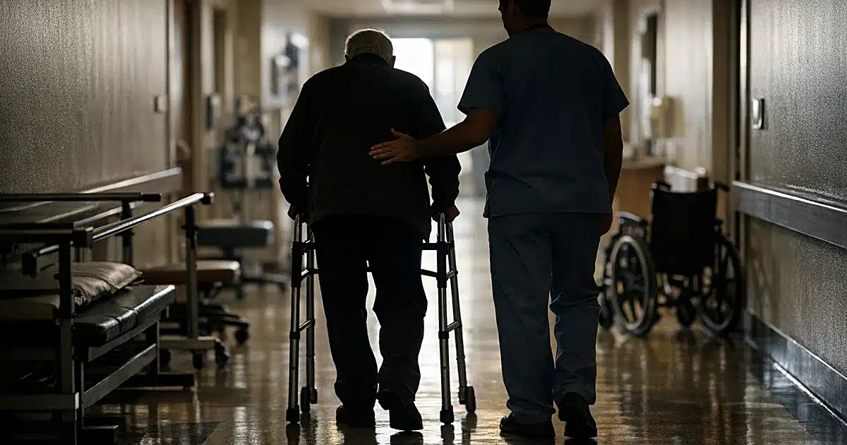 Silhouetted patient with walker being assisted by therapist in rehabilitation facility corridor