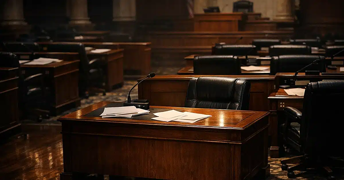 Empty legislative chamber with spotlight on vacant desk chair, scattered papers, dramatic shadows across polished floor
