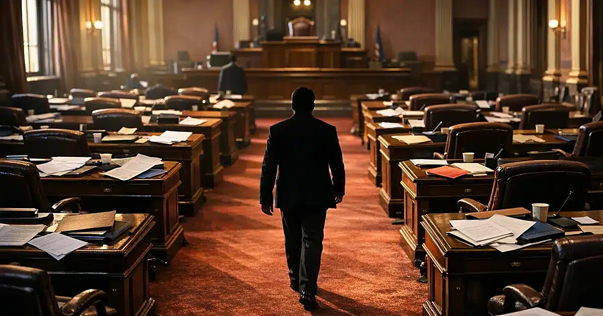 Empty Michigan legislative chamber with scattered papers on desks and silhouetted figure walking toward exit