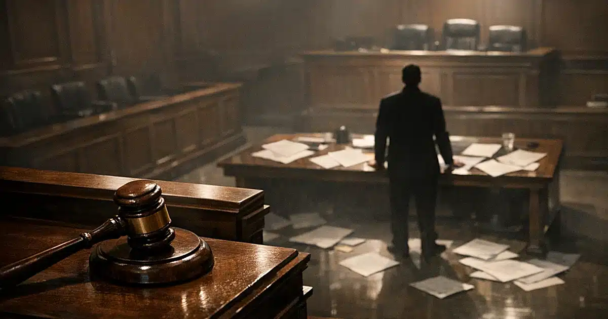 Empty courtroom with gavel on judge's bench and silhouetted figure standing at table surrounded by legal documents