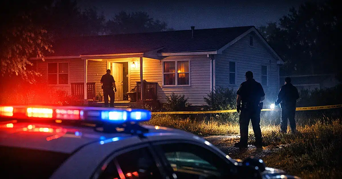 Sheriff patrol car with emergency lights illuminating a small home at night in rural Alabama