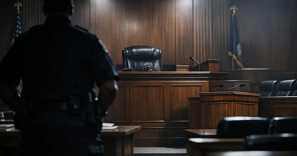 Empty federal courtroom with judge's bench and silhouetted court officer standing in stark overhead lighting