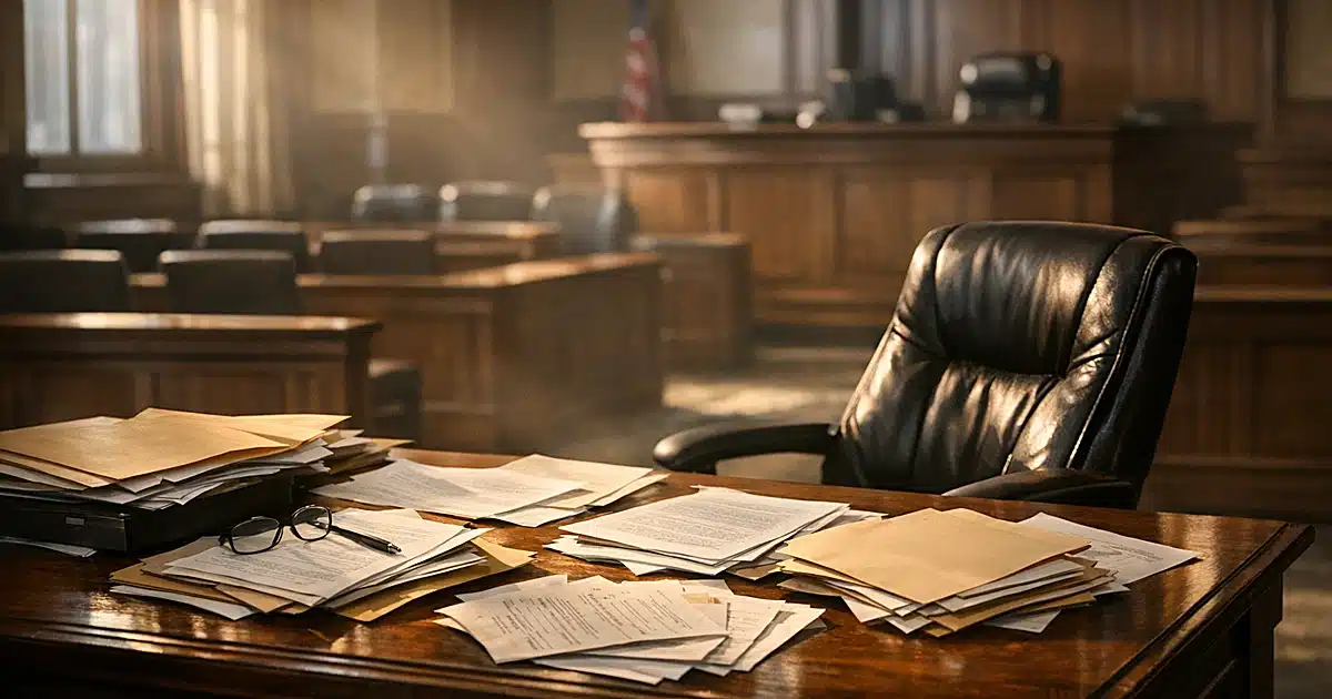 Empty prosecutor's desk with scattered legal files and pushed-back chair in courthouse office with dramatic window light