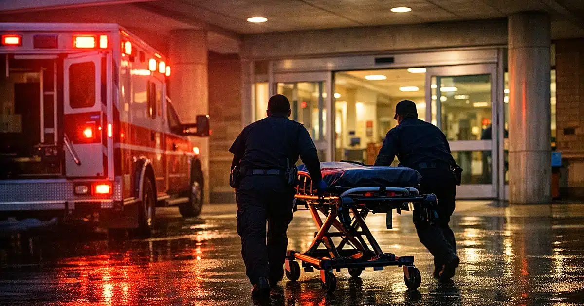 Emergency room entrance with ambulance lights flashing as paramedics wheel gurney toward hospital doors at dawn