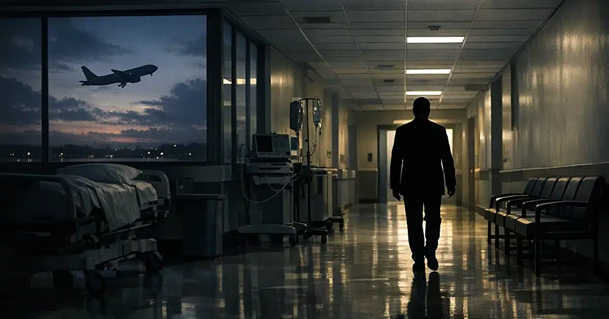 Silhouetted figure in hospital corridor as airplane departs through window, conveying absence and medical uncertainty