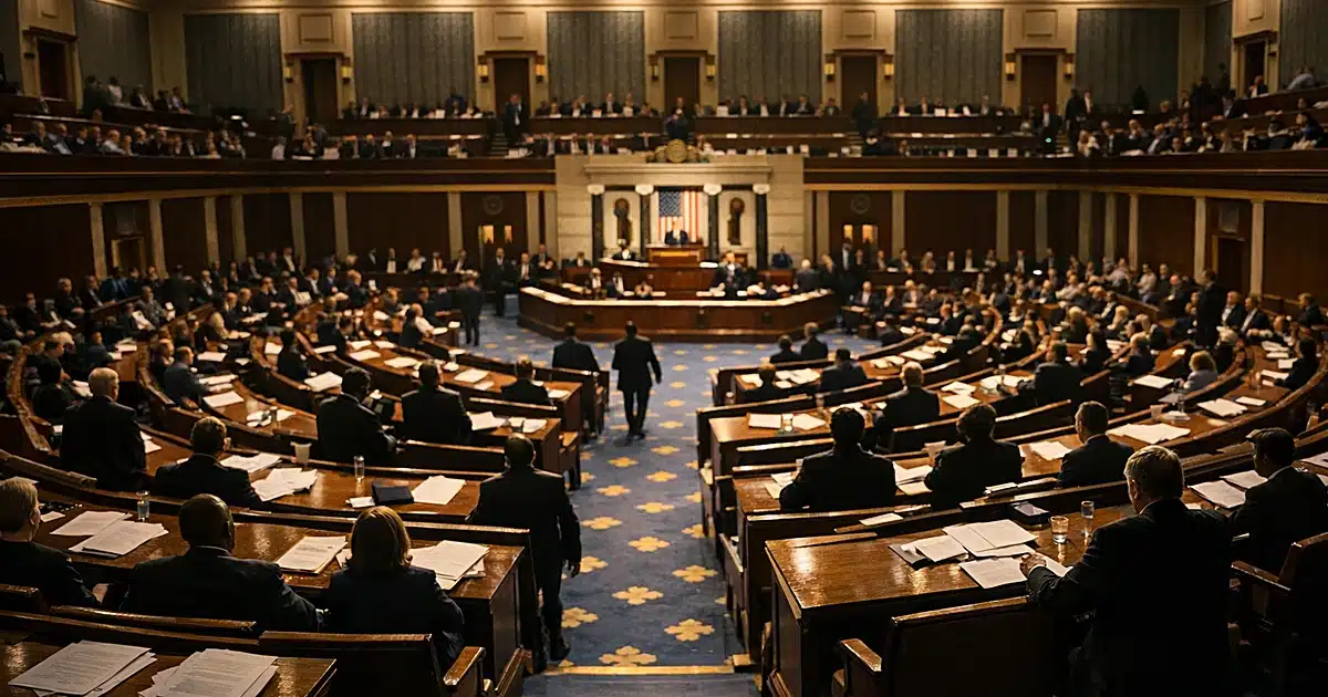 Interior view of House chamber during active legislative session with silhouetted members at desks