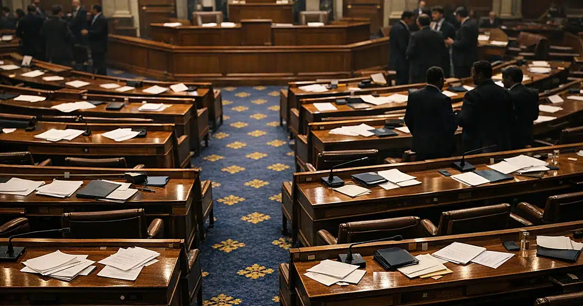 Legislative chamber with scattered papers across divided rows of empty desks after a contentious vote