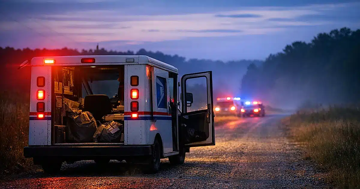 Mail delivery truck with open door on empty rural road at dusk with emergency lights reflecting on vehicle