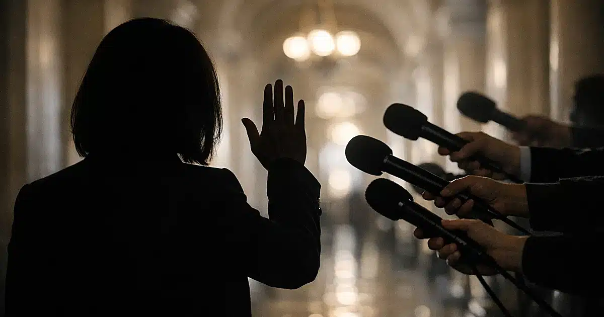 Silhouetted staffer blocking microphones in Capitol corridor with dramatic lighting and shadows