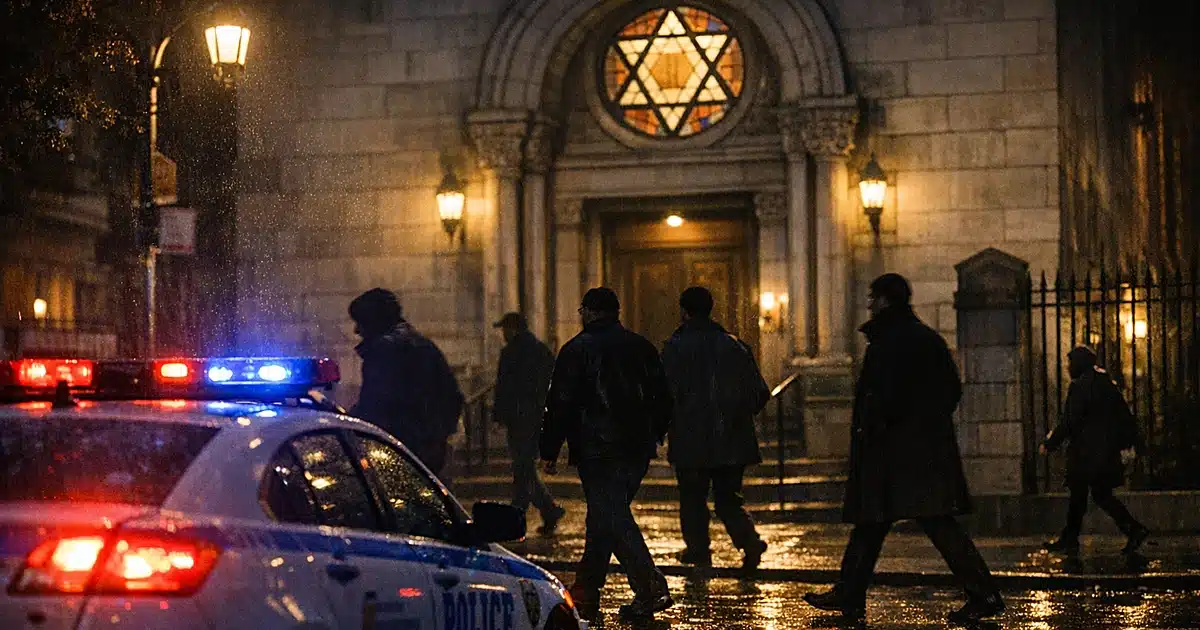 Police lights illuminate wet pavement outside Manhattan synagogue at night with pedestrian silhouettes