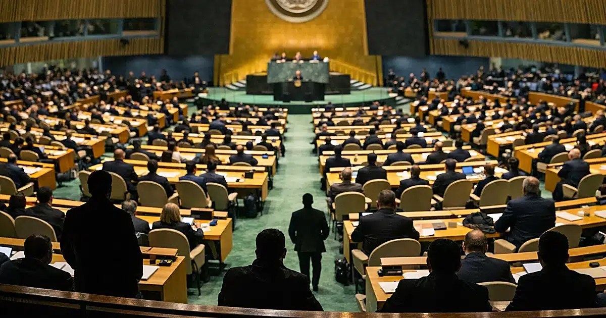 Wide view of United Nations General Assembly hall with silhouetted delegates at curved desk rows and central podium
