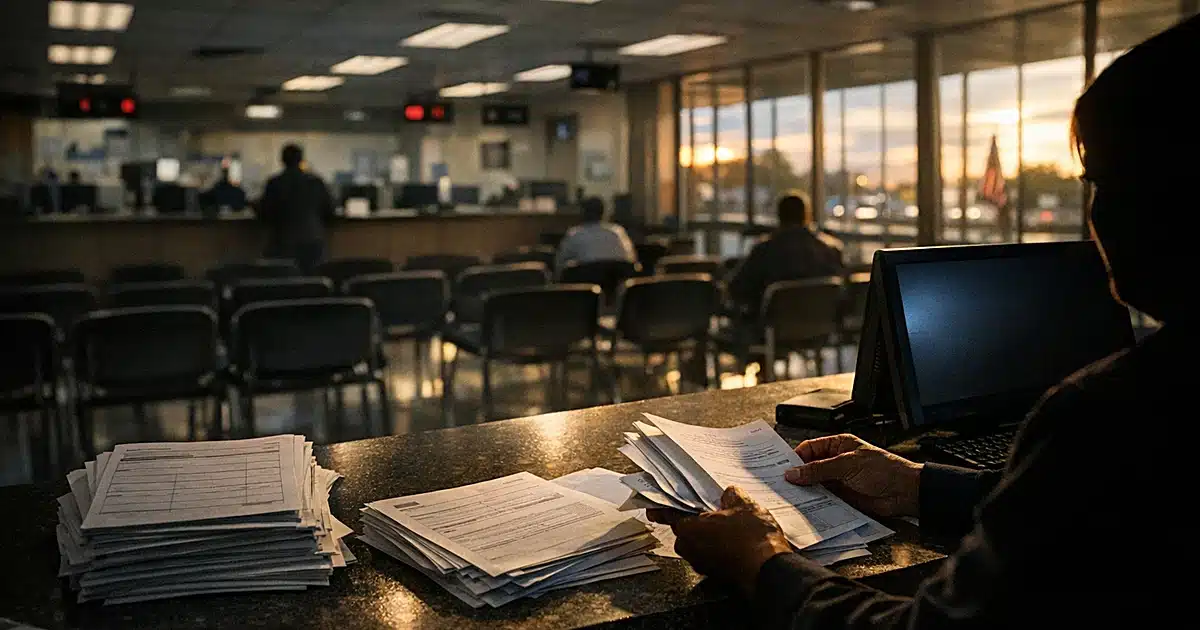DMV service counter with voter registration forms and silhouetted worker sorting documents at dusk