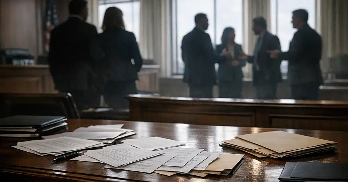 State government office with desk covered in documents and silhouetted figures in tense standoff near windows