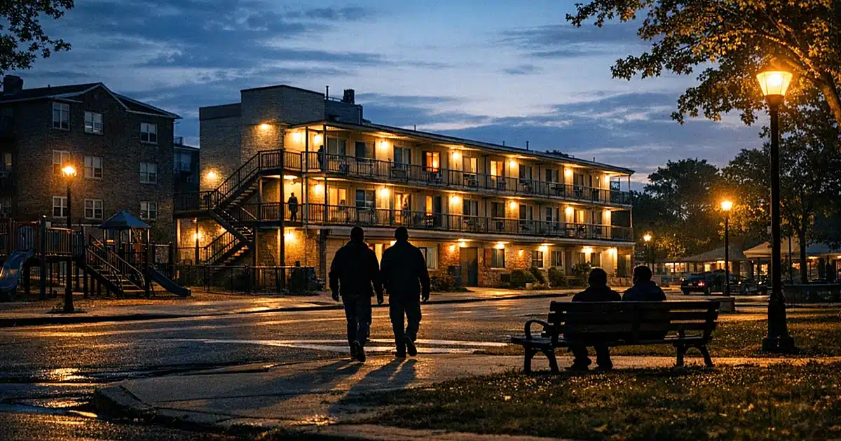 Converted motel building on residential Brooklyn street at dusk with neighborhood park across empty road
