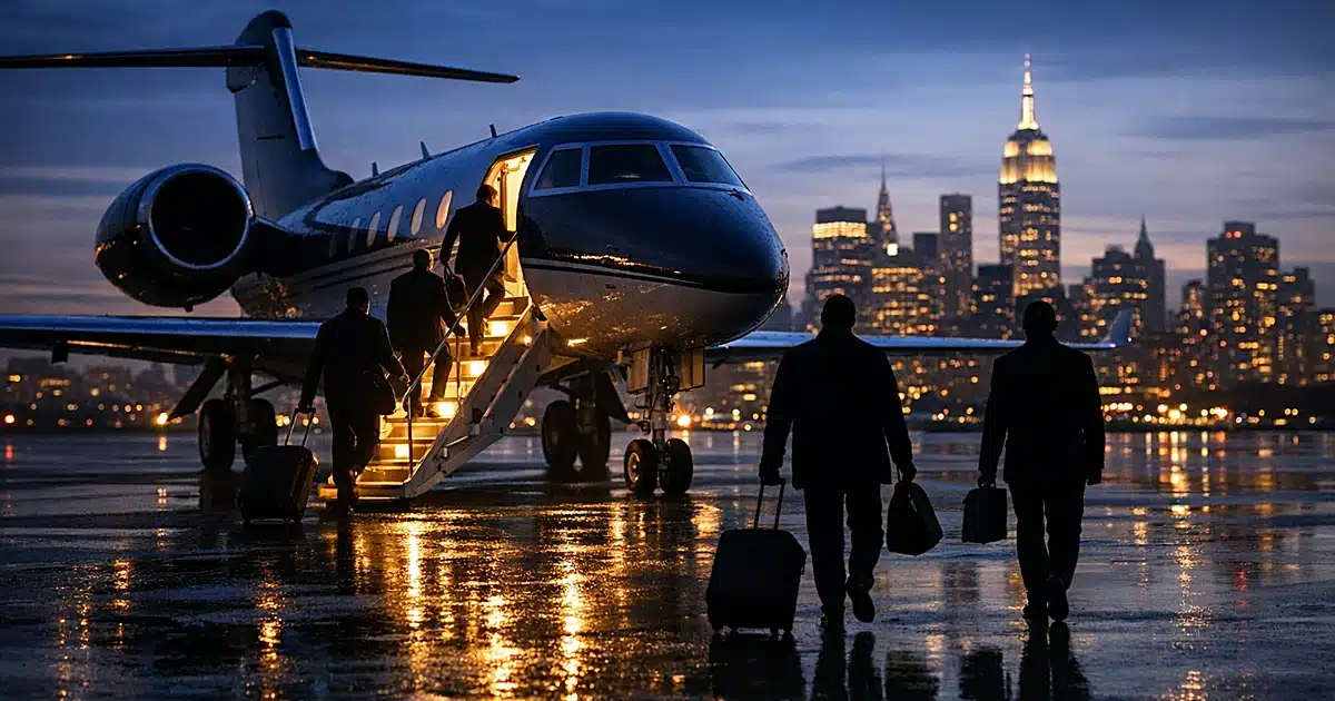 Private jet on wet tarmac with silhouetted passengers boarding as Manhattan skyline glows in background at dusk