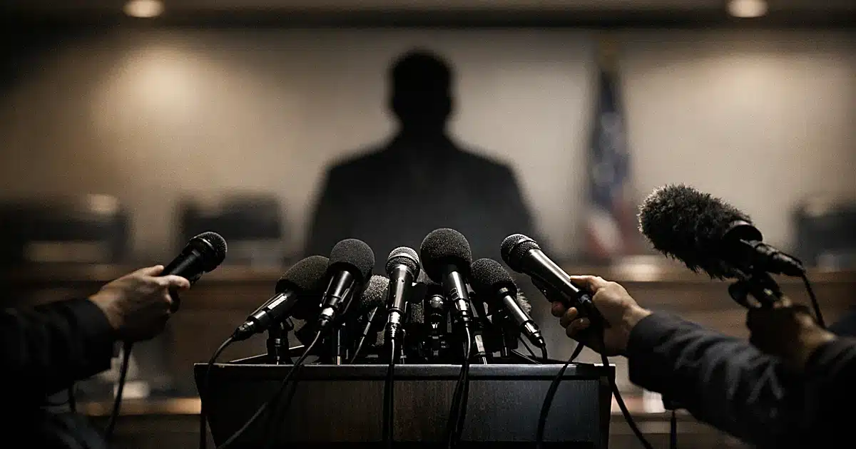 Press briefing room with microphones extended toward podium by silhouetted reporters in dramatic lighting