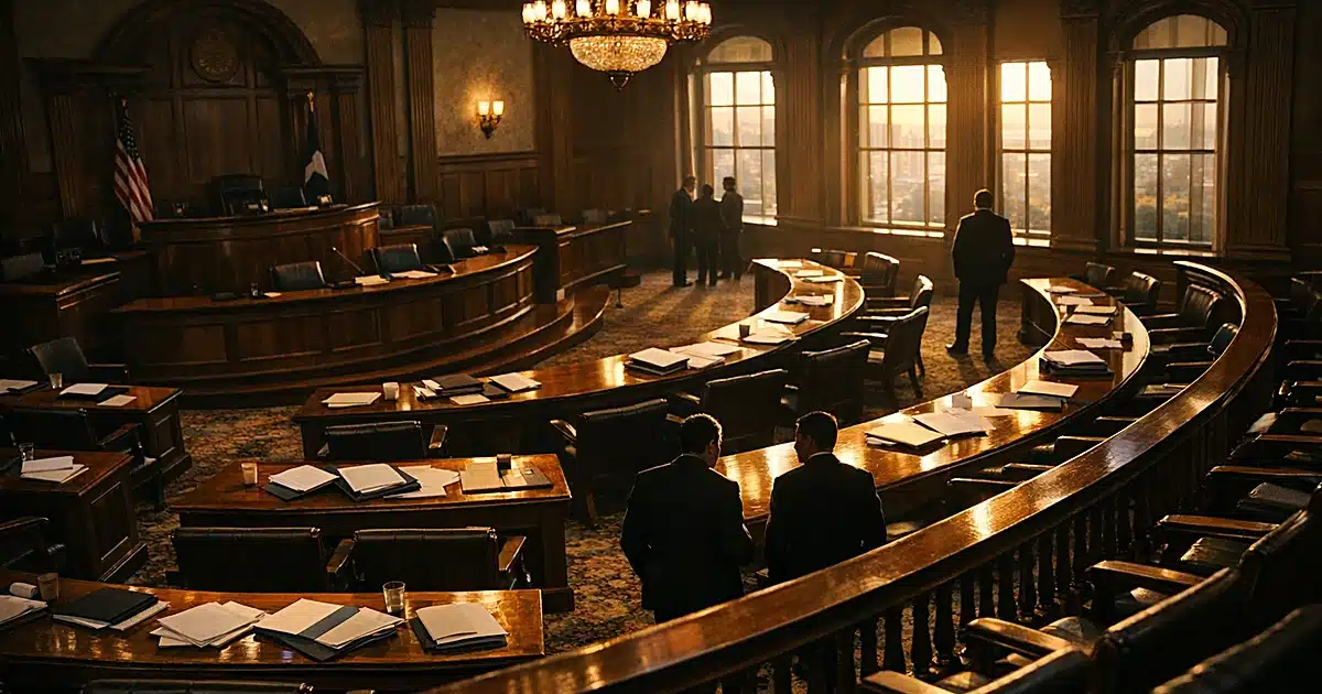 Empty municipal chamber with scattered papers and silhouetted figures at windows during golden hour