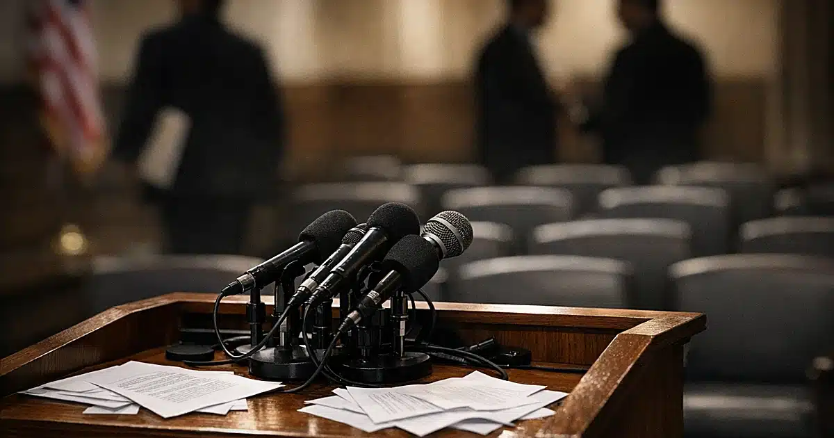 Empty press briefing room with microphones on podium and scattered papers in New York City Hall
