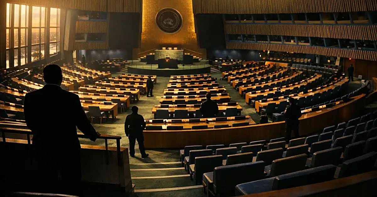 Empty United Nations General Assembly hall with silhouetted security personnel positioned throughout the chamber