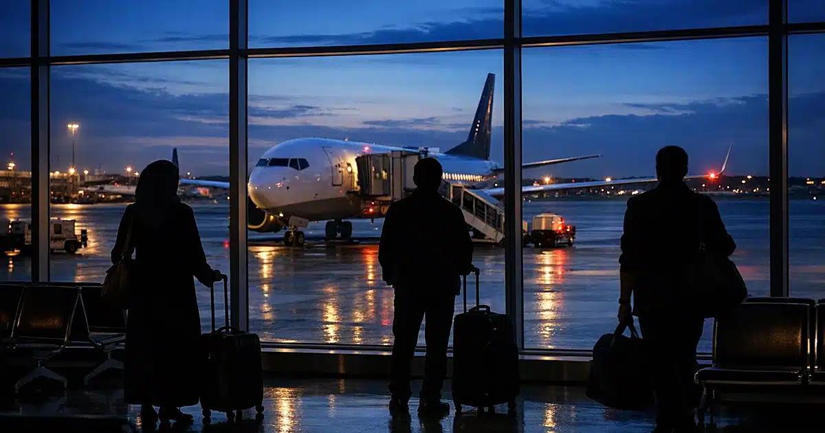 Airport departure gate at dusk with silhouetted travelers watching aircraft on tarmac through terminal windows