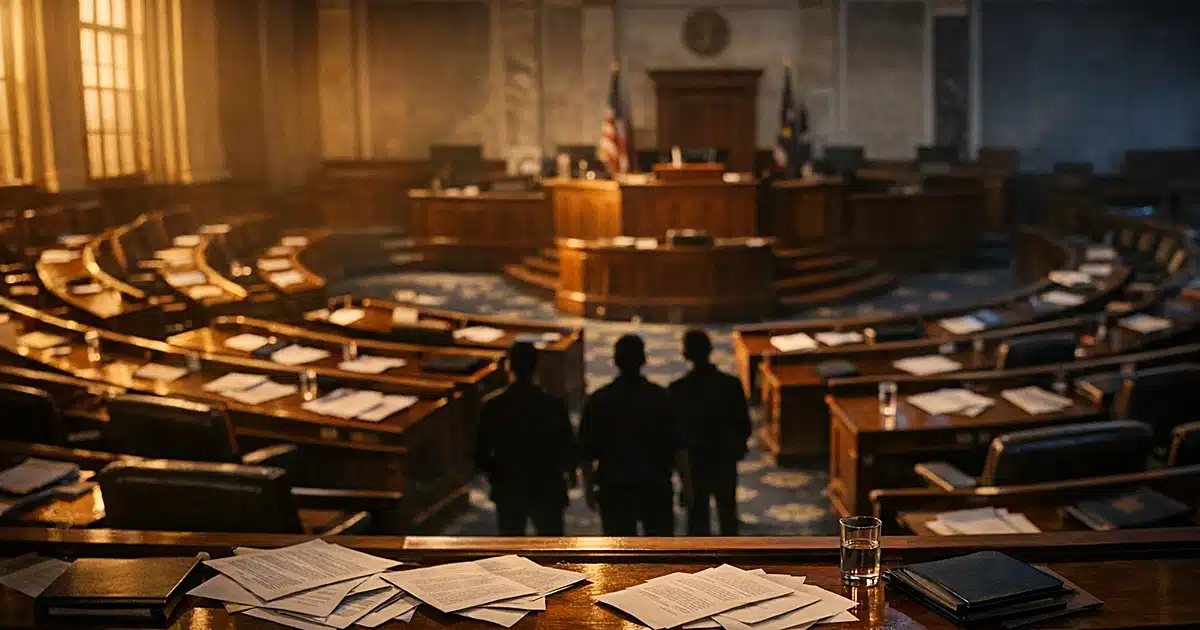 Empty legislative chamber with scattered papers on desks, dramatic side lighting through tall windows at dusk