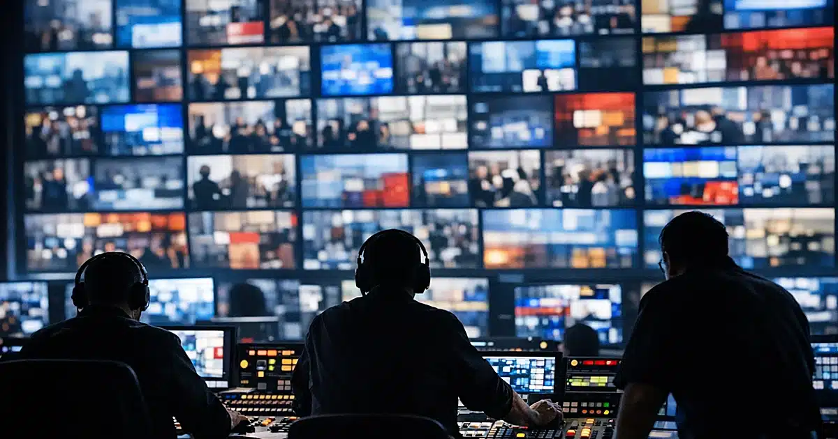 Broadcast control room with multiple glowing monitors and silhouetted operators viewing fragmented media feeds