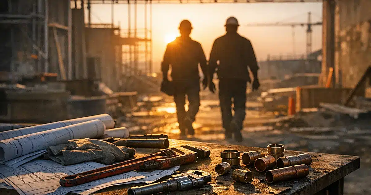 Construction plumbing workspace with tools and blueprints on table, silhouetted workers walking away at dusk