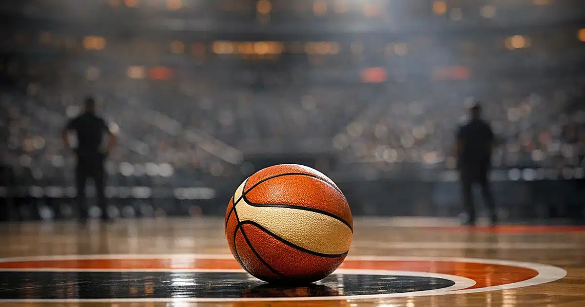 WNBA basketball on empty arena court floor with stadium lights glowing in background
