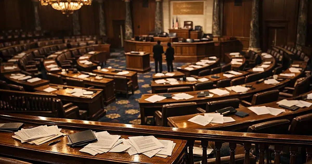Empty congressional chamber with scattered papers on desks, dramatic overhead lighting, wide institutional view