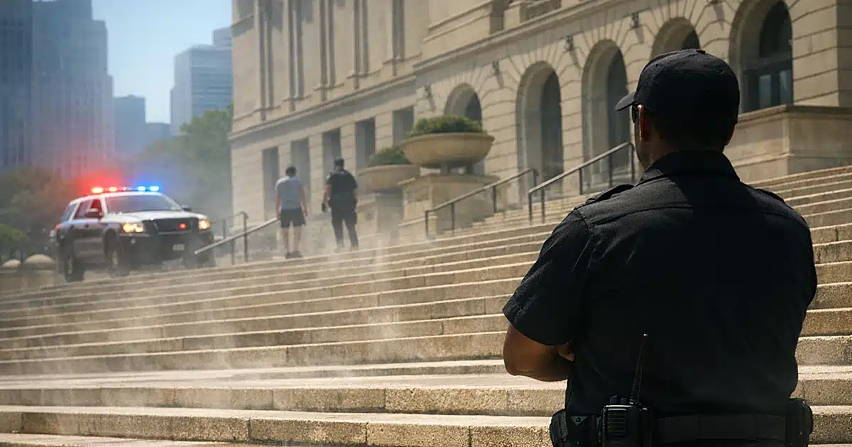 Museum security guard silhouette standing at base of empty sun-bleached stone steps in extreme summer heat