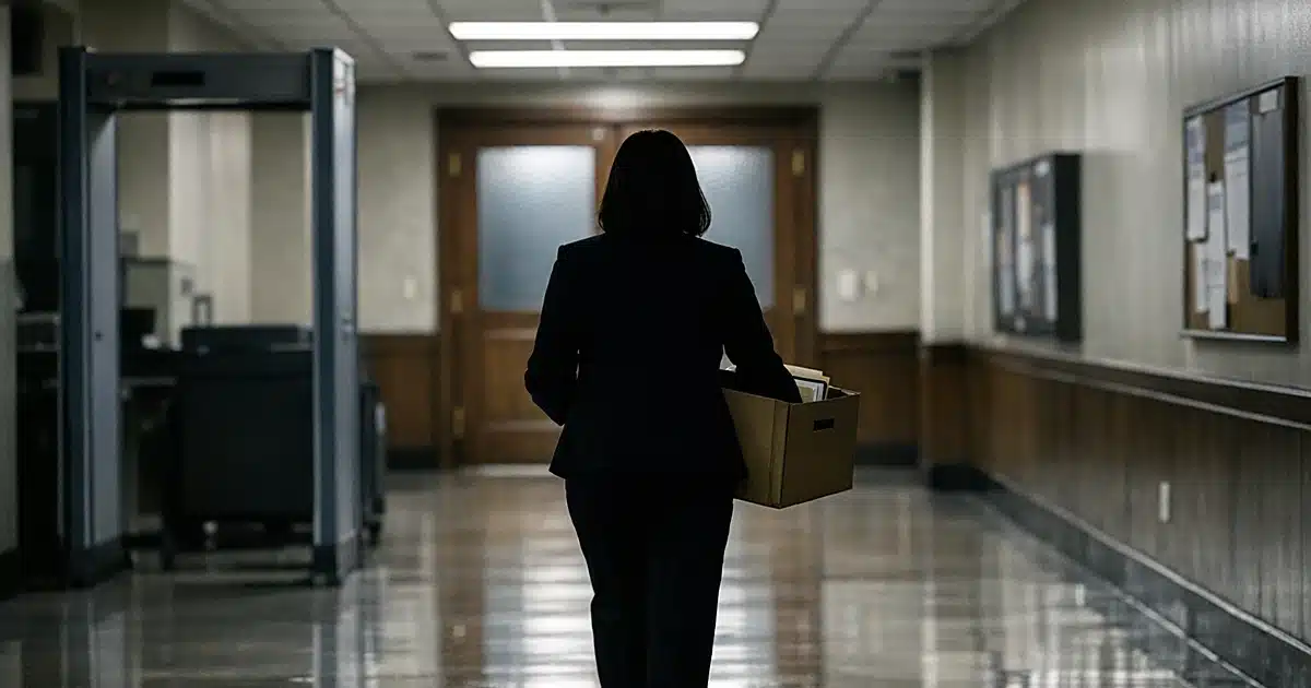 Silhouetted professional carrying box walking down government office hallway toward exit