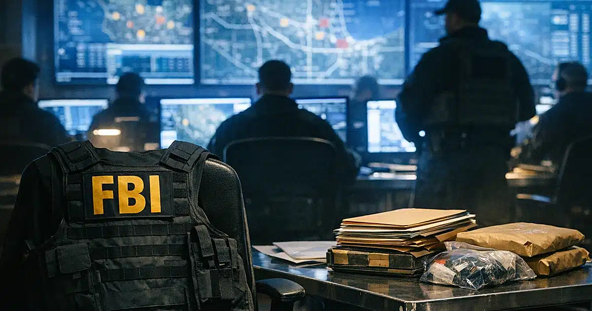 FBI tactical vest and evidence materials in active federal operations center with agents working at computer terminals