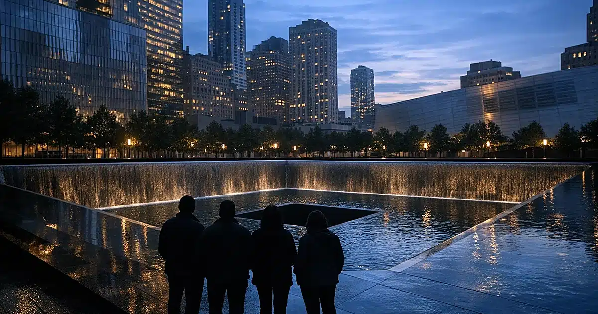 Wide view of Ground Zero memorial plaza at dawn with silhouetted figures standing at the reflecting pool edge